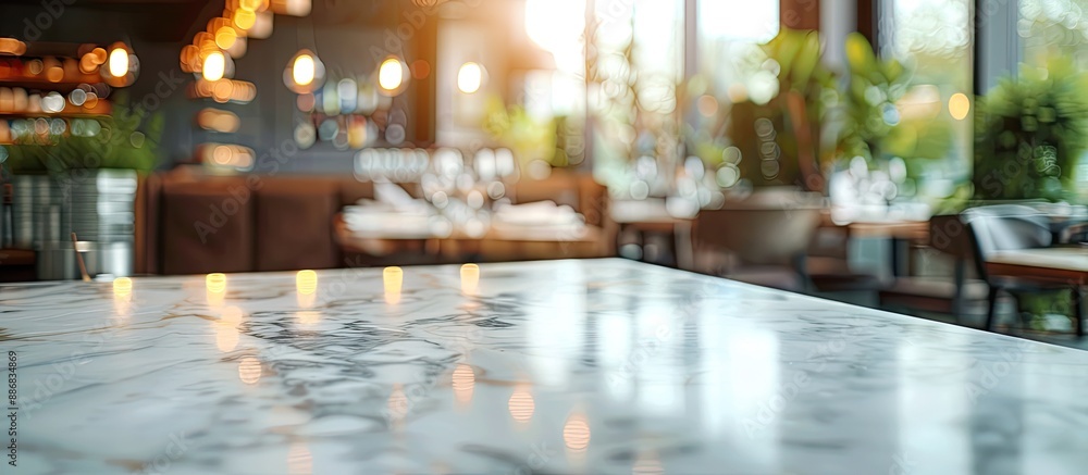 Poster marble table on a desk with a blurred restaurant background, with copy space image.
