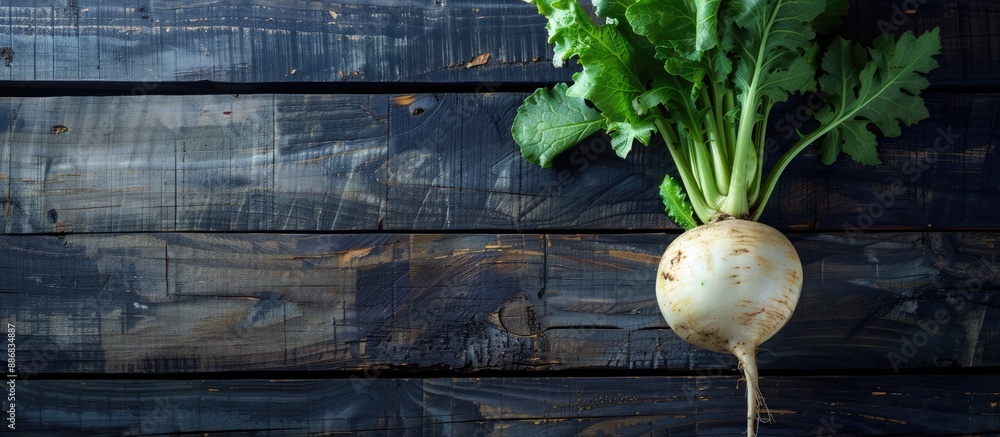 Poster a turnip is illuminated by soft side lighting on a dark wooden backdrop, suitable for a copy space i
