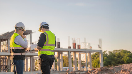 Two Asian engineer working at site of a large building project,Thailand people,Work overtime at...