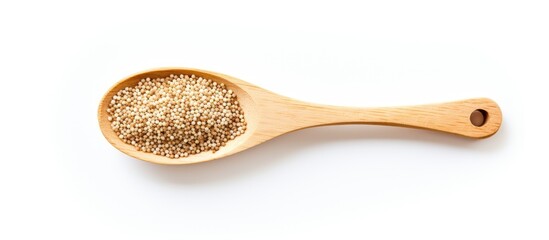 A wooden spoon holding raw mixed quinoa on a white background, with copy space image available.