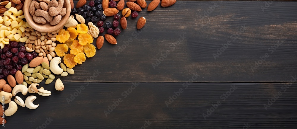 Poster top view of an assortment of nuts and dried fruits with copy space image.