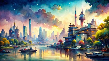 Obraz premium Watercolor Cityscape with Boats and River at Dusk, cityscape, river, watercolor, boat