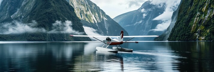 Small white airplane with red accents soars over mountainous landscape. Aircraft flies from left to right, slightly tilted. Mountain range features picturesque scenery under clear blue sky.