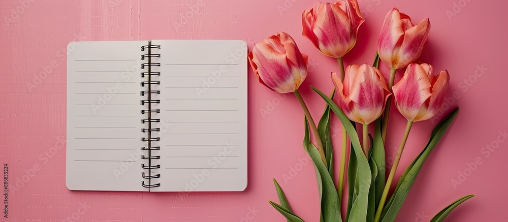 Poster pink background with hello spring words, blank notebook, and tulip flowers, providing copy space ima