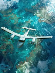 Fototapeta premium Small white airplane flies over vibrant coral reef with green and brown colors. Azure ocean waters reflect sunlight. Perfect for travel agency and tours to Australia Great Barrier Reef.