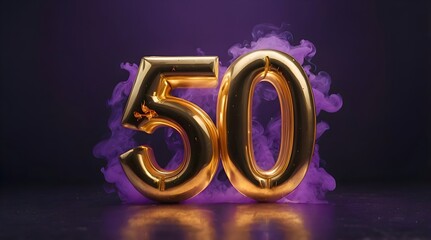 The number 50 in 3D, in gold color, it's on fire, there are yellow fire flames on it, it's burning, there is a lot of smoke around, smooth purple background.