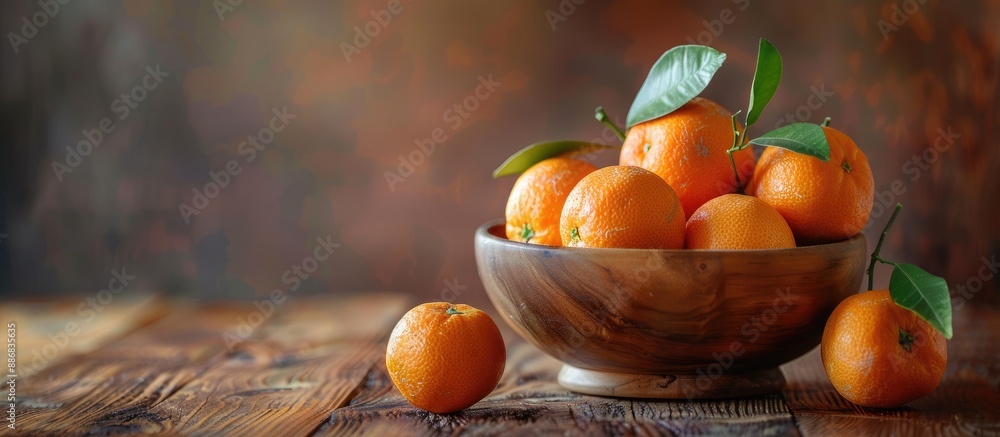 Aufkleber fresh tangerines in a wooden bowl on a wooden table, presenting a copy space image with ripe and tas