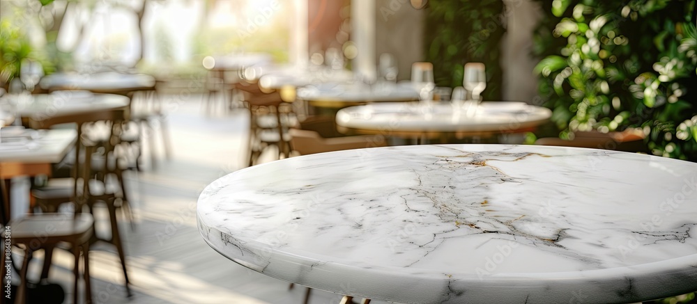 Aufkleber marble table on a desk with a blurred restaurant background, with copy space image.