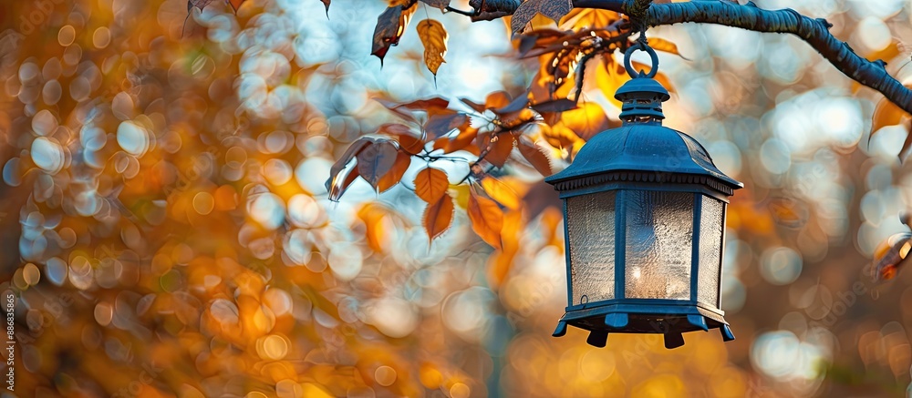 Poster vintage metal lantern against autumn trees backdrop with shallow depth of field, ideal for copy spac