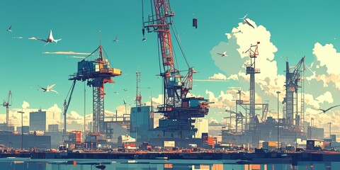 Obraz premium Urban Serenity - Solitary Crane Amid Bustling Construction Site with Negative Space