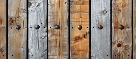 Fototapeta premium Top view of a wooden plank with holes displayed on a metal surface, ideal for furniture manufacturing, with ample copy space image.