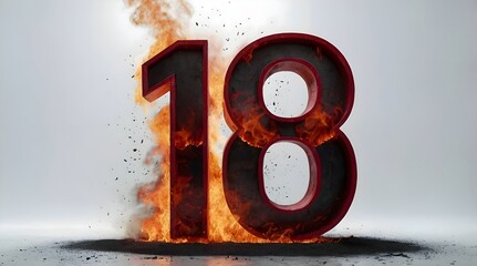 The number 18 in 3D, in red color, it's on fire, there are yellow fire flames on it, it's burning, there is a lot of smoke around, smooth white background.