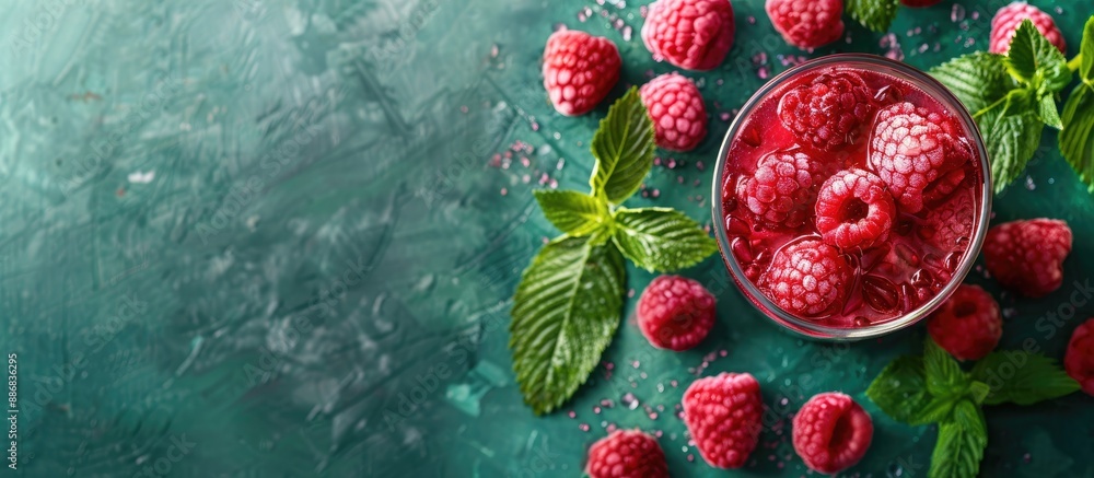 Poster Refreshing summer drink made from raspberries set on a green background in a top-view copy space image.
