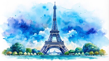 Watercolor Illustration of the Eiffel Tower, Blue Sky, and Trees, Paris, France , Eiffel Tower, watercolor