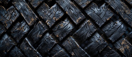 Black rubber tire tread pattern background with a distressed, aged, and worn-out look, ideal for automotive themes, featuring copy space for images.