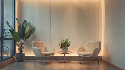 Fototapeta premium A room with a white couch and two chairs