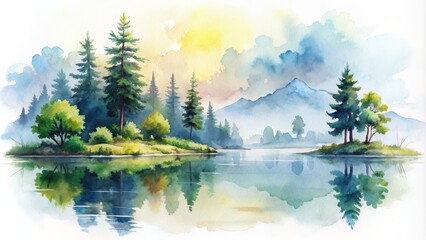Watercolor Landscape Tranquil Forest by the Lake, watercolor painting, forest, lake, mountains, landscape, nature