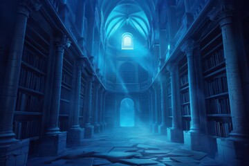 Fototapeta premium A supernatural scene where case law is recorded in a magical library, with each precedent glowing with the wisdom of past judgments and guiding future decisions