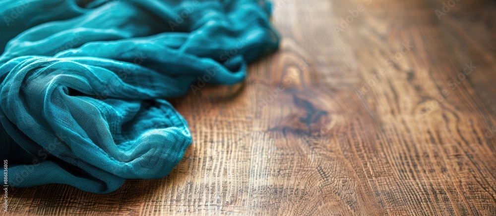 Poster walnut wood table background with a teal linen cloth, featuring a shallow focus for copy space image