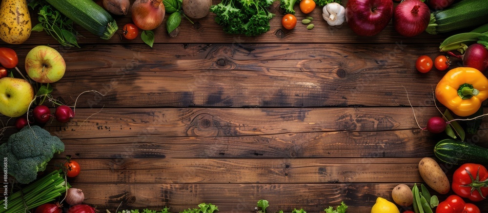 Poster various fresh vegetables and fruits displayed on a rustic wooden backdrop with copy space image.