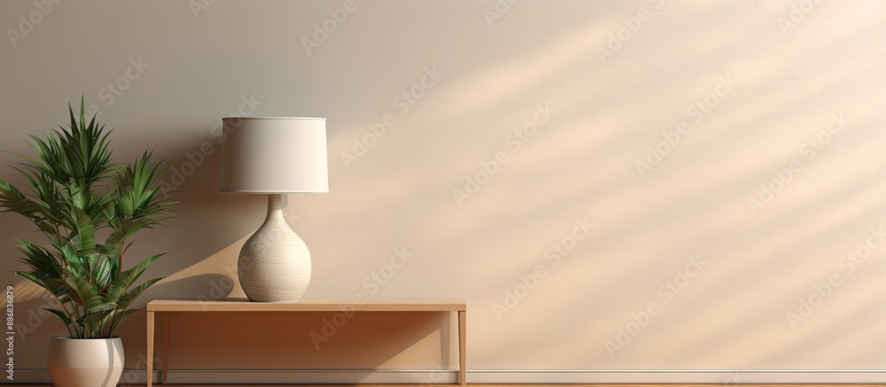 Poster empty room wall mockup featuring a lamp and a plant with copy space image.