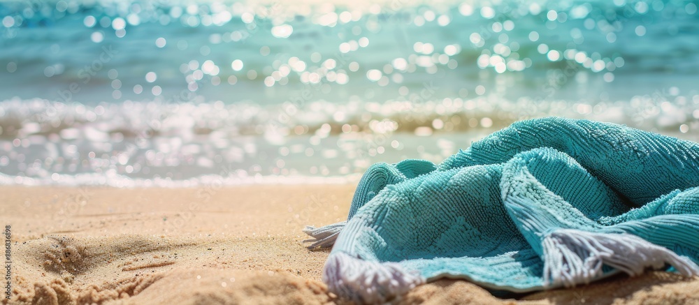 Poster empty beach towel on sunny summer day with copy space image.