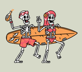 skull couple carrying surfboards illustration