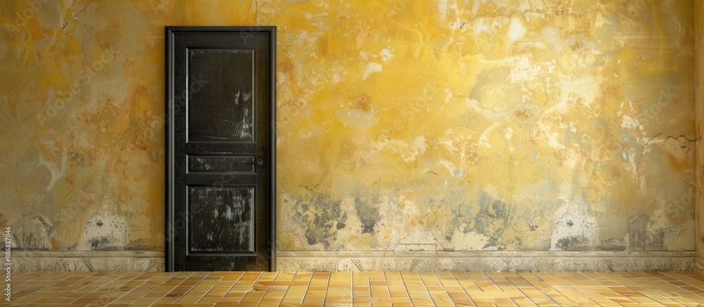 Poster beige walled room with a closed dark door, a yellow linoleum floor, providing an empty space for tex