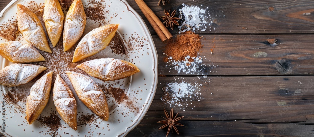 Poster circular arrangement of sugary dutch pastries with spices on a white plate, leaving a central gap wi
