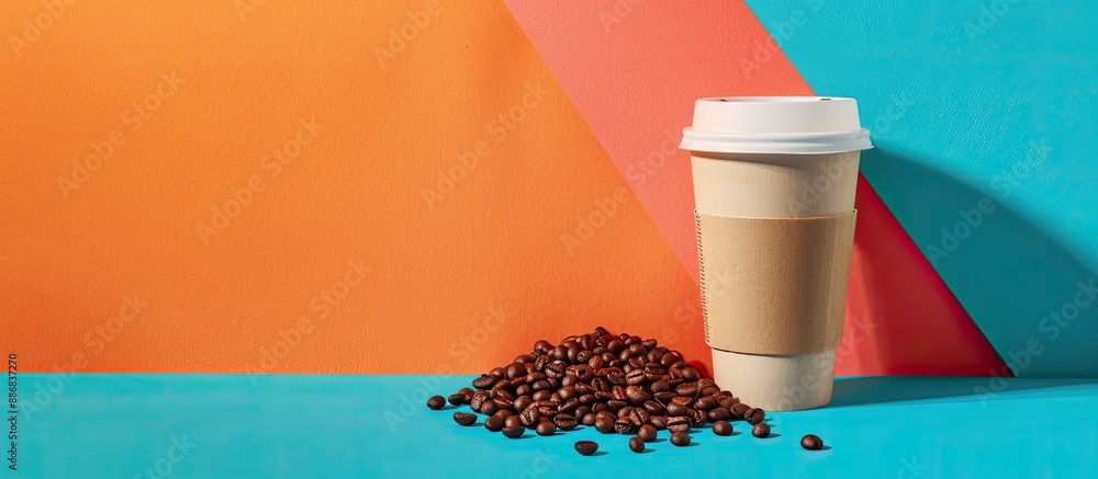 Aufkleber Coffee cup and beans displayed on a colorful background with copy space image.