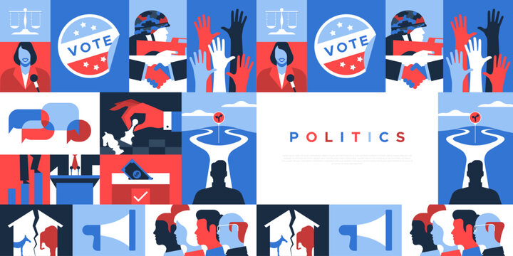 Politics concept web template illustration. Modern geometric mosaic style background for political election season, social issues design. President choice, government campaign banner.