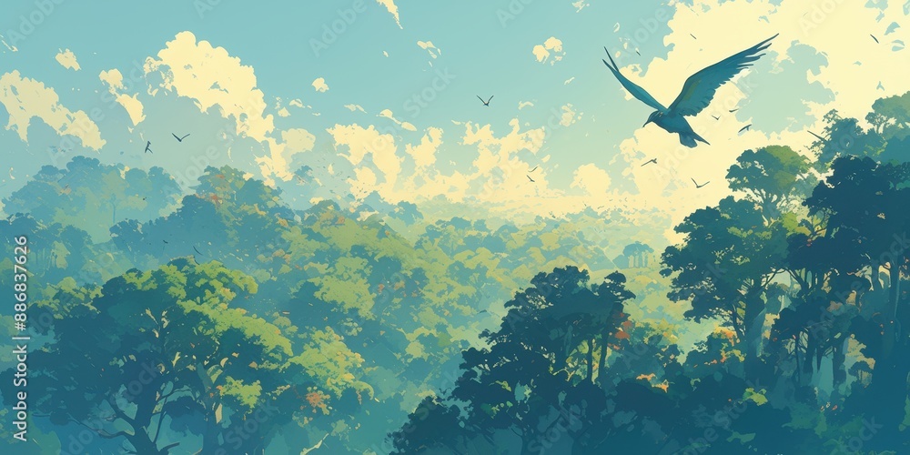 Poster serene bird soaring over lush forest canopy with ample negative space for text or design element
