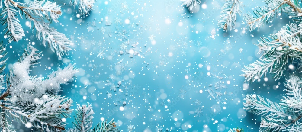 Leinwandbilder Design elements for advertisements with a blue background featuring artificial white snow, intertwined with Christmas and New Year themes, creating a festive vibe for copy space images.