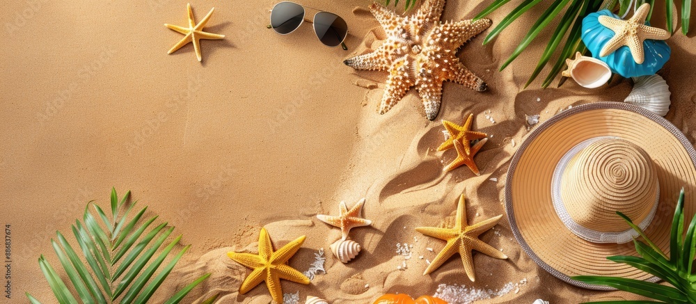 Poster Beach items arranged on sand for a flat lay composition with available copy space image.