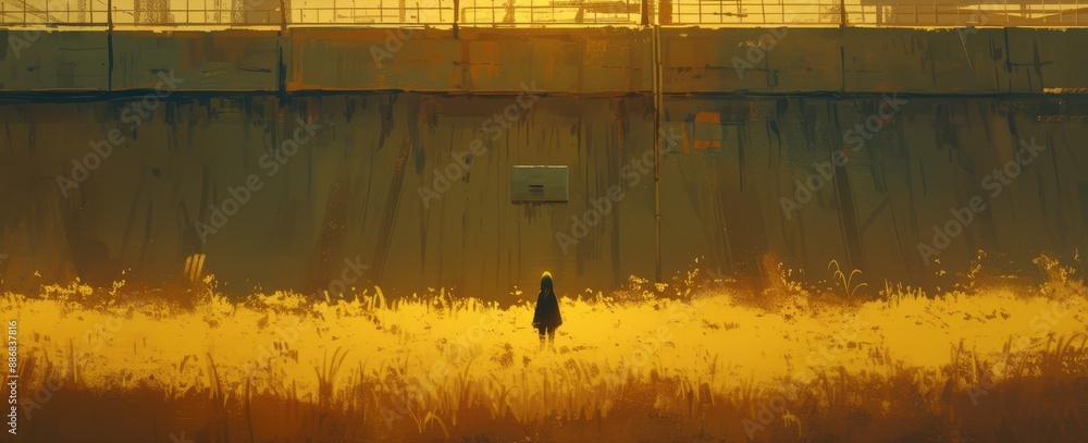 Poster contemplating solitude: person standing alone on bridge with negative space background