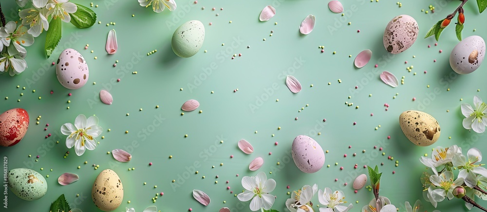 Aufkleber Top view of a green background adorned with spring flowers and Easter eggs, creating an Easter-themed copy space image.