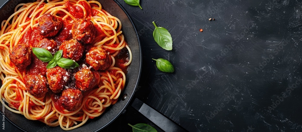 Poster Top view image of spaghetti with meatballs in tomato sauce on a frying pan against a dark table background with space for text.