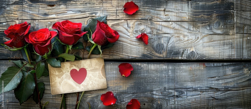 Poster red roses and a heart-shaped card placed on weathered wood with copy space image for your message.