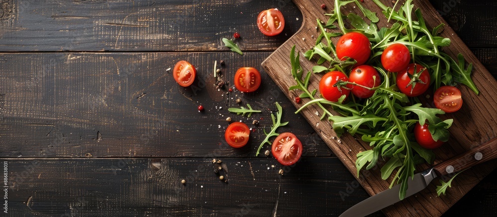 Poster a cutting board displays red tomatoes and arugula leaves on a dark wooden surface with ample copy sp