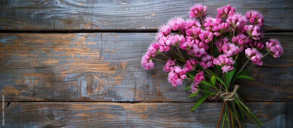 Poster bouquet of pink cloves flowers for spring arranged on a rustic wooden surface from above for a flat 