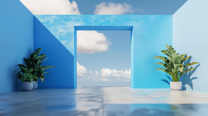 Fototapeta premium Sleek villa entrance with sky blue paint, cement floor. Outdoor, clean foreground, cloudy, flat view, 50mm focal length.