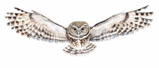 An owl fly illustrated with striking watercolor eyes isolate on white background