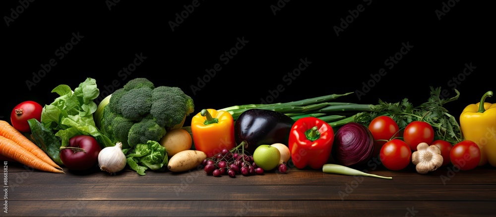 Poster Fresh vegetables and fruits displayed alongside a wooden board in a top view setting against a black background with copy space image available.