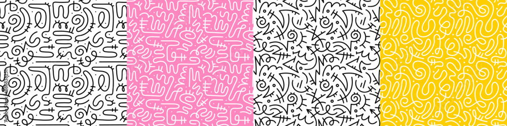 Poster Fun line doodle seamless pattern set. Creative abstract squiggle style drawing background for children or trendy design with basic shapes. Simple childish scribble wallpaper print collection.