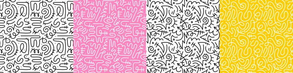 Fun line doodle seamless pattern set. Creative abstract squiggle style drawing background for children or trendy design with basic shapes. Simple childish scribble wallpaper print collection.