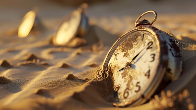 Naklejki Vintage pocket watches half-buried in sand symbolizing the passage of time and forgotten memories in a desolate desert landscape.