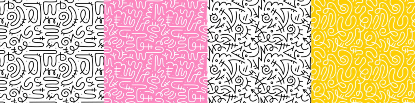 Fun line doodle seamless pattern set. Creative abstract squiggle style drawing background for children or trendy design with basic shapes. Simple childish scribble wallpaper print collection.