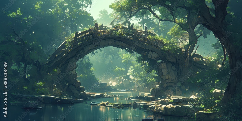 Poster serene bridge in the enchanted forest with negative space