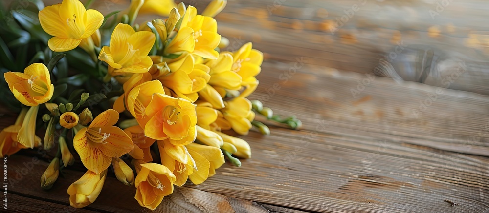 Poster indoor table displays lovely yellow freesia flowers with room for a text overlay on a copy space ima