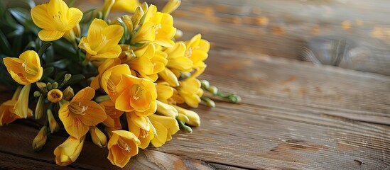 Indoor table displays lovely yellow freesia flowers with room for a text overlay on a copy space image.